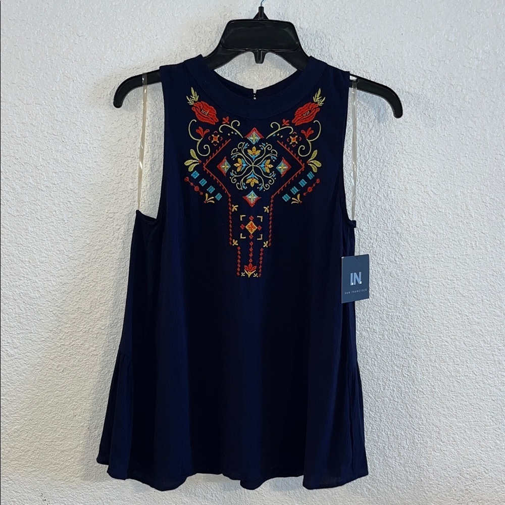 I.N. San Francisco Navy Embroidered Blouse